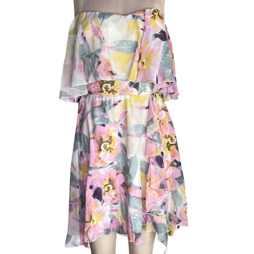 NWOT Chiffon floral strapless dress size 4 pastel flowers ruffle beaded short